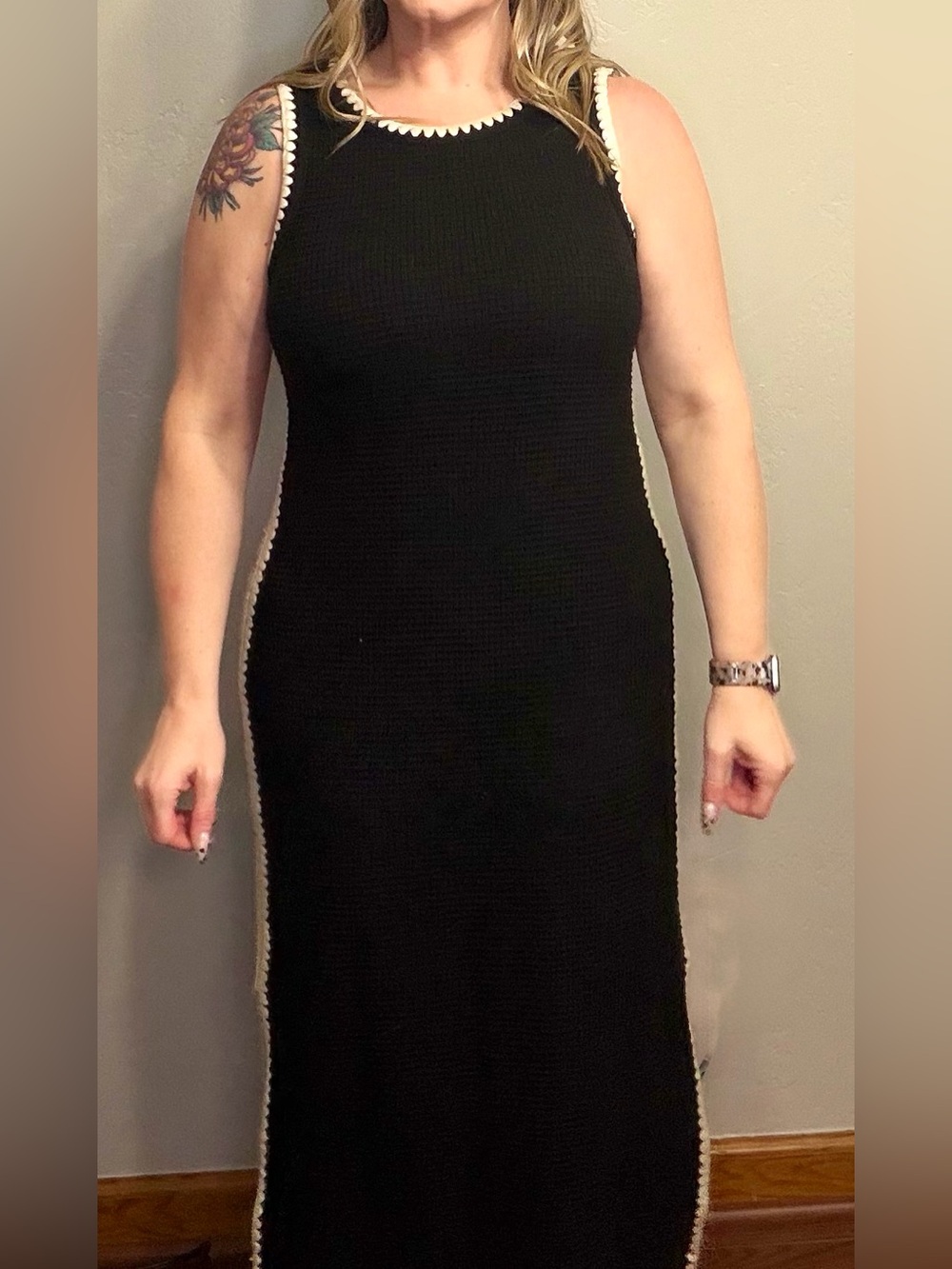 Black Waffle Knit Maxi Sweater Dress Cream Crochet Trim Side Slits